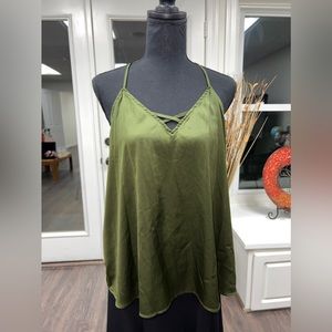 Forest green top shirt tank top sexy back cross satin women’s blouse, size 15 17